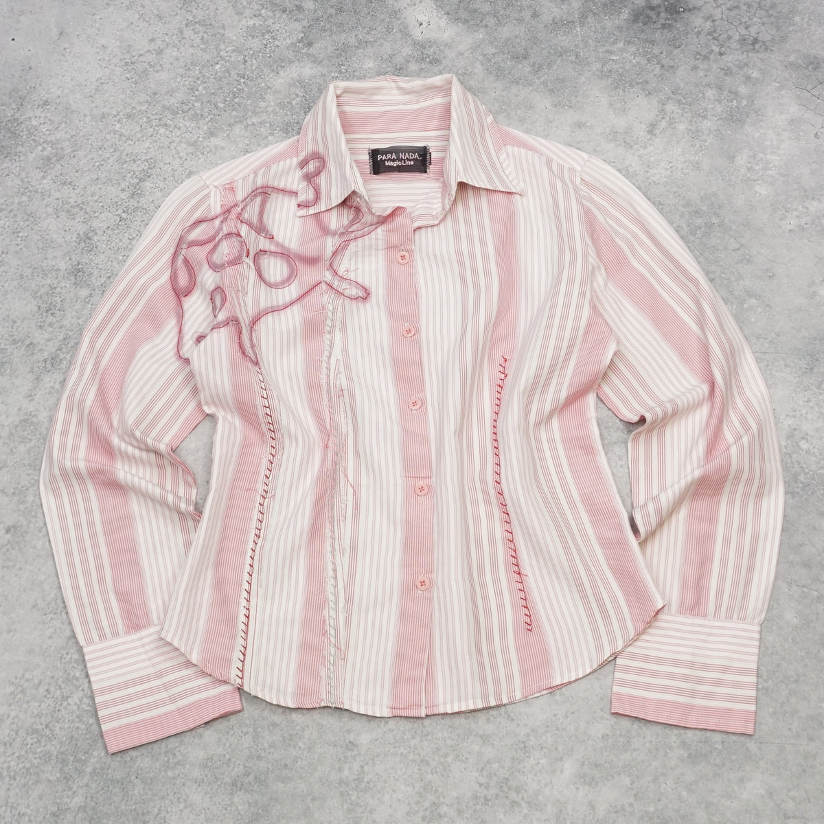 2000s Para Nada Striped Embroidered Fitted Shirt