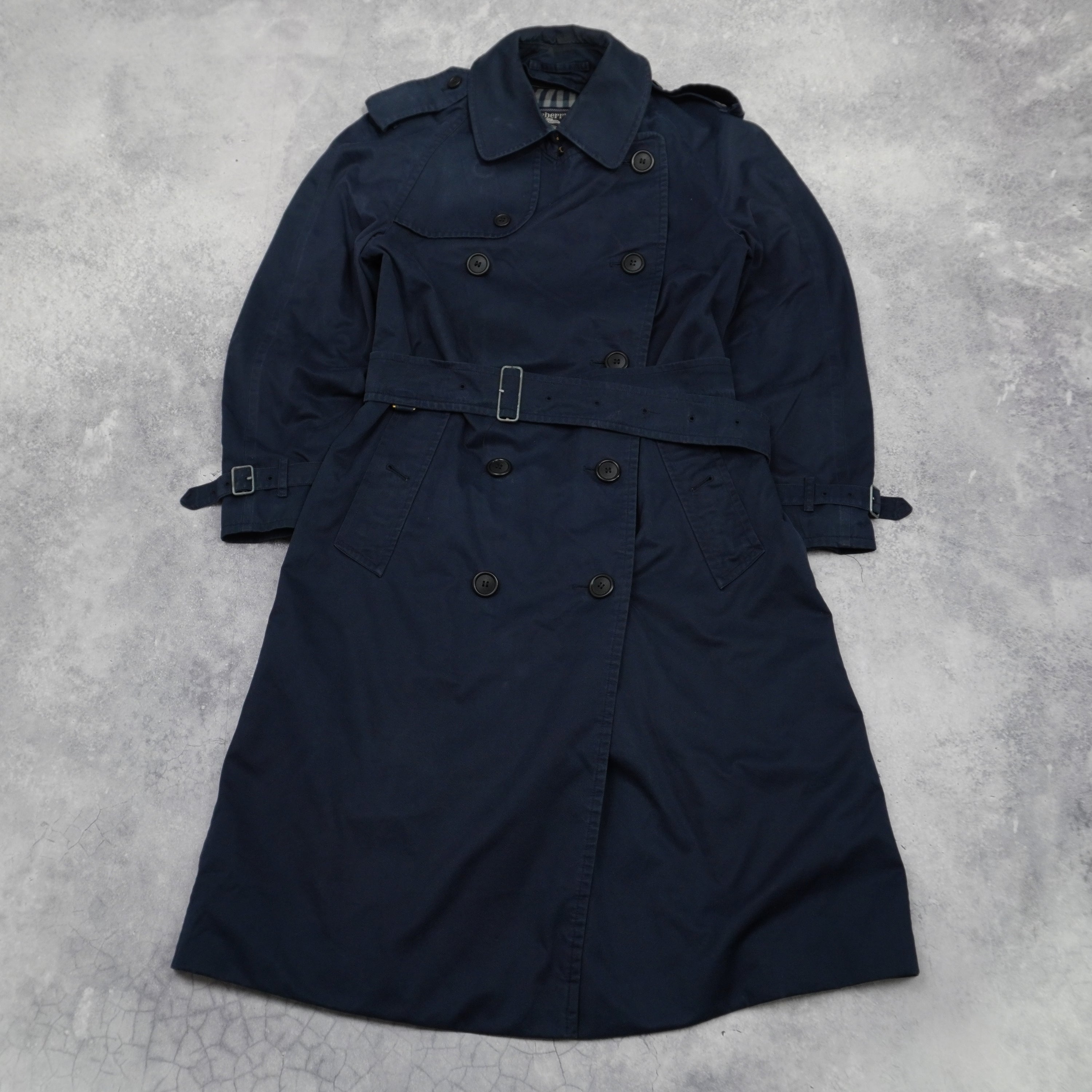 90s Burberrys Navy Double Breasted Trench Coat