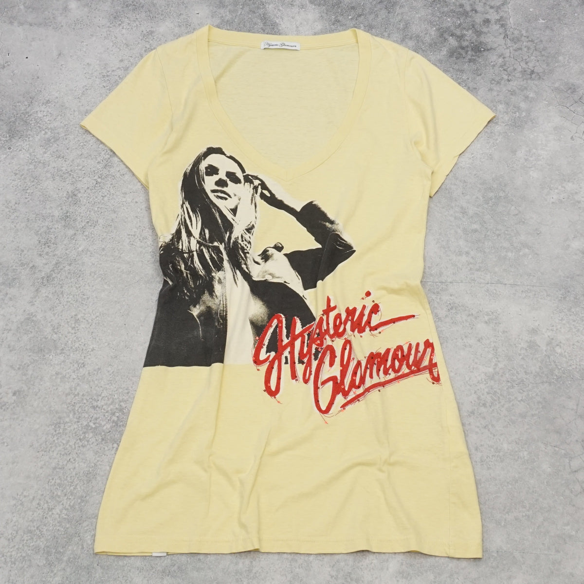 2000s Hysteric Glamour Graphic V-Neck Sequin T-Shirt
