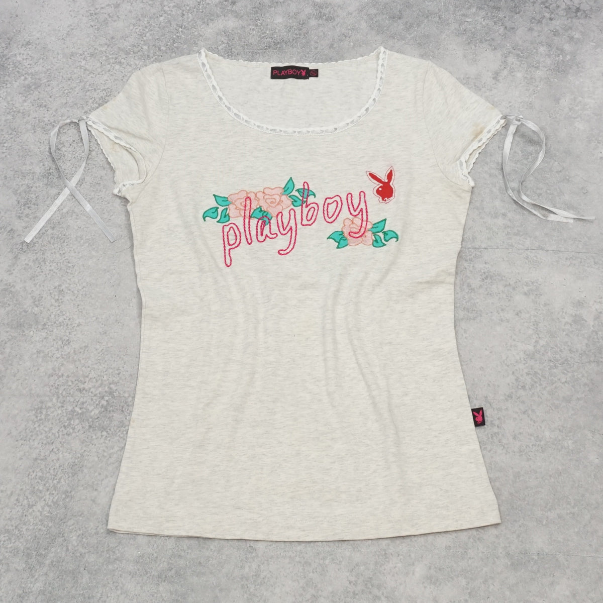 2000s Playboy Floral Embroidered Ribbon T-Shirt