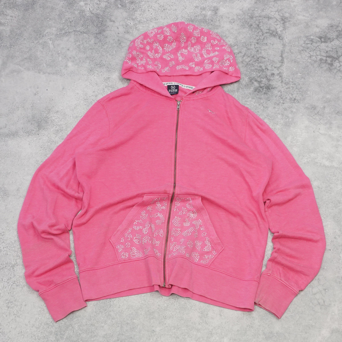2000s Pink Victoria's Secret Rhinestone Leopard Print Hoodie Zip Up