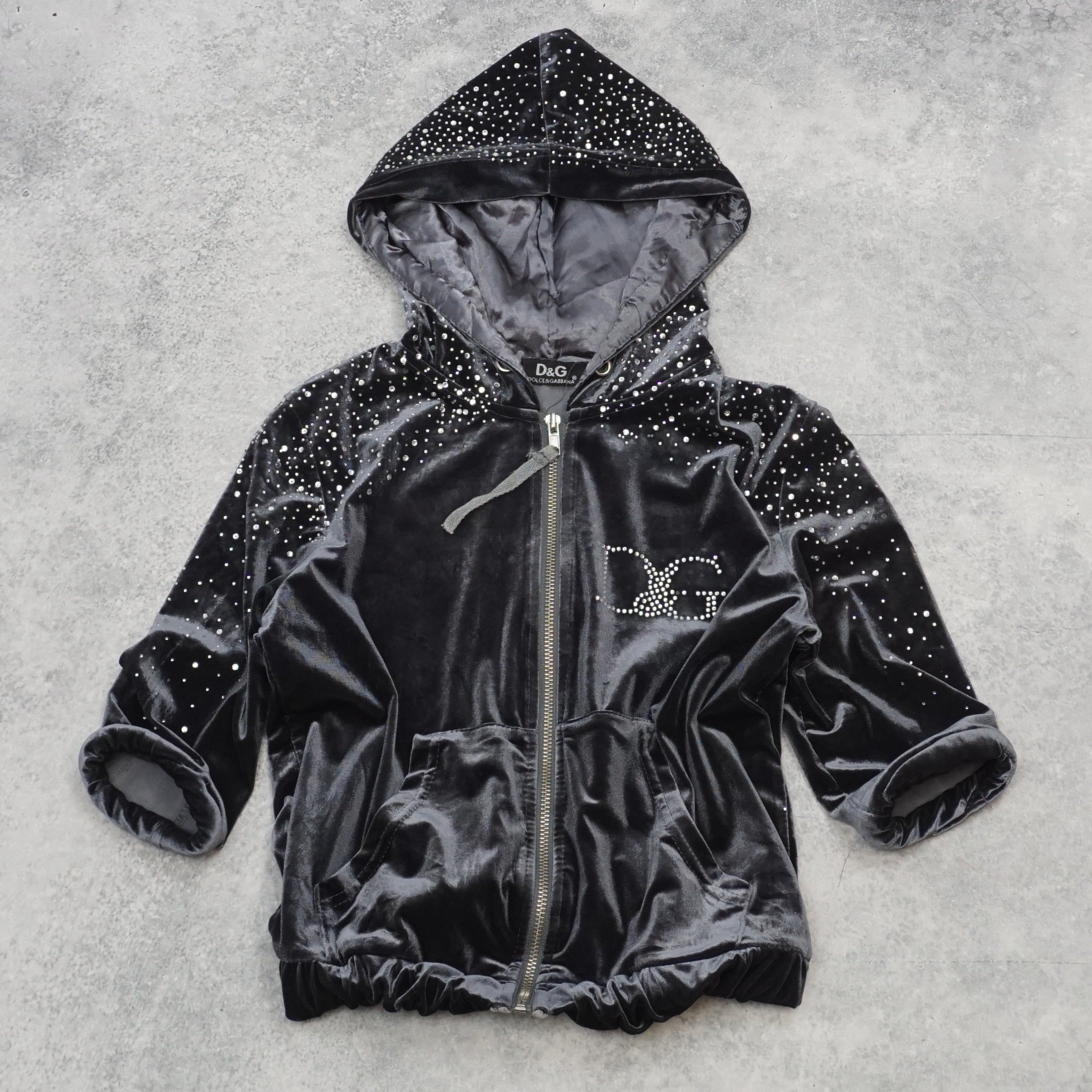 2000s Dolce & Gabbana Velvet Crystal Embellished Hoodie Jacket