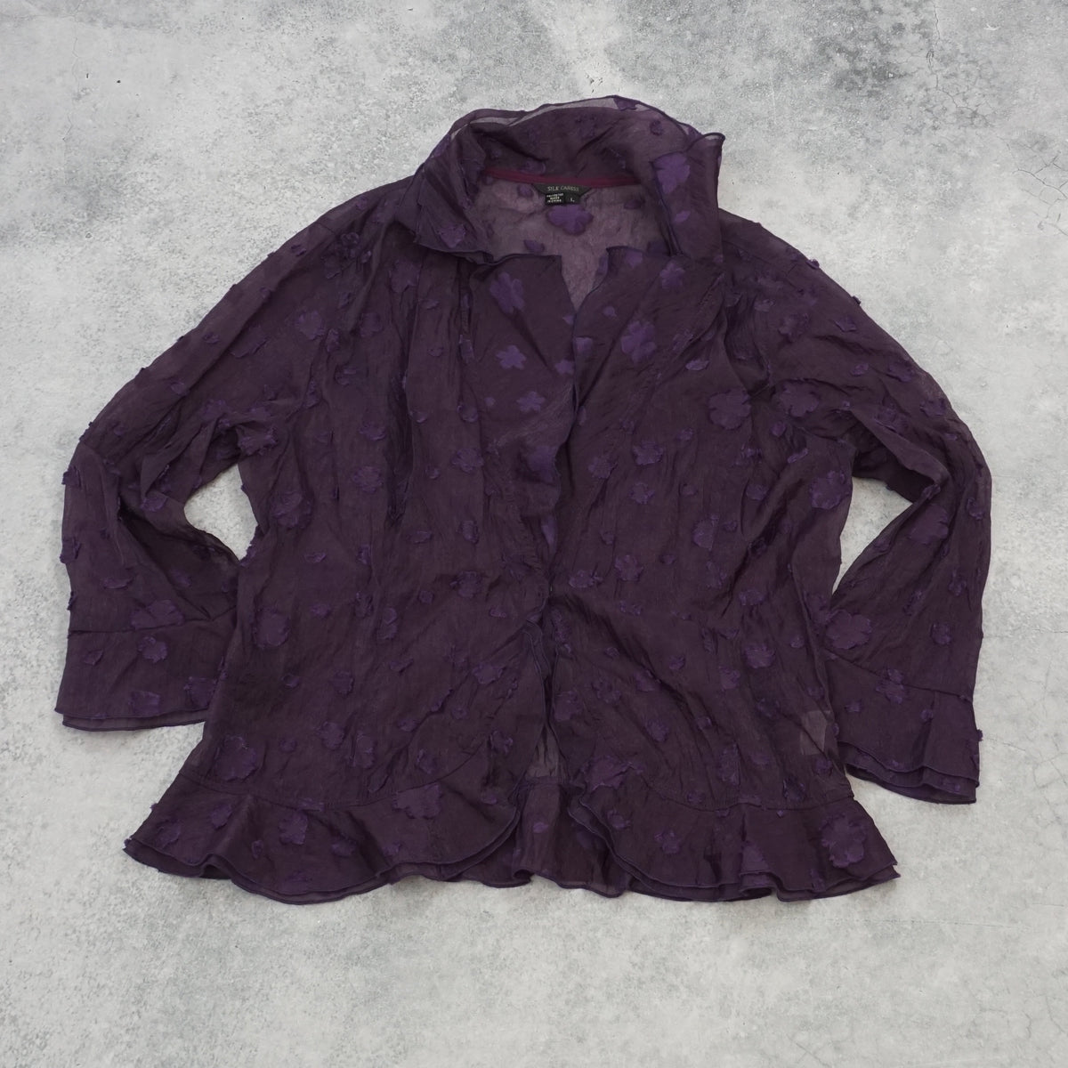 2000s Silk Caress Purple lace flower Top