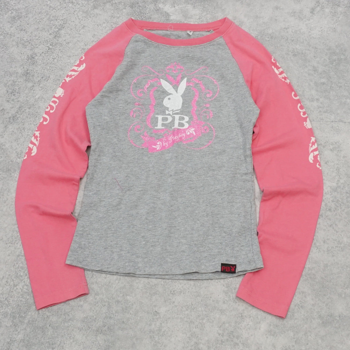 2000s Playboy Raglan Glitter Graphic T-Shirt Long Sleeve