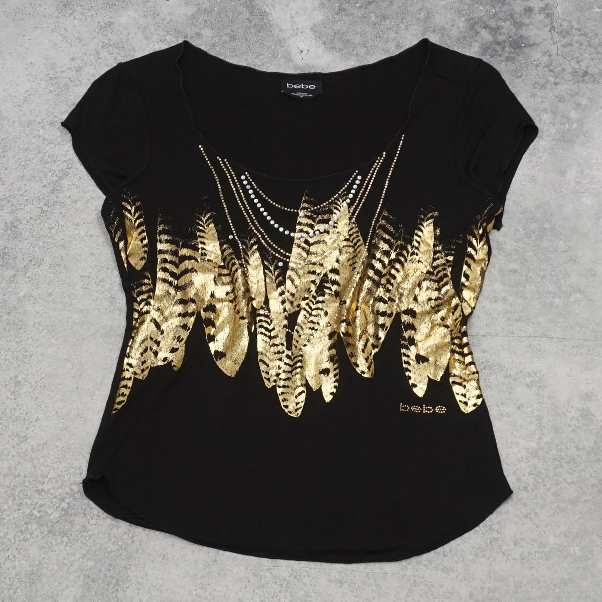 2000s Bebe Gold Foil Feather Rhinestone Top
