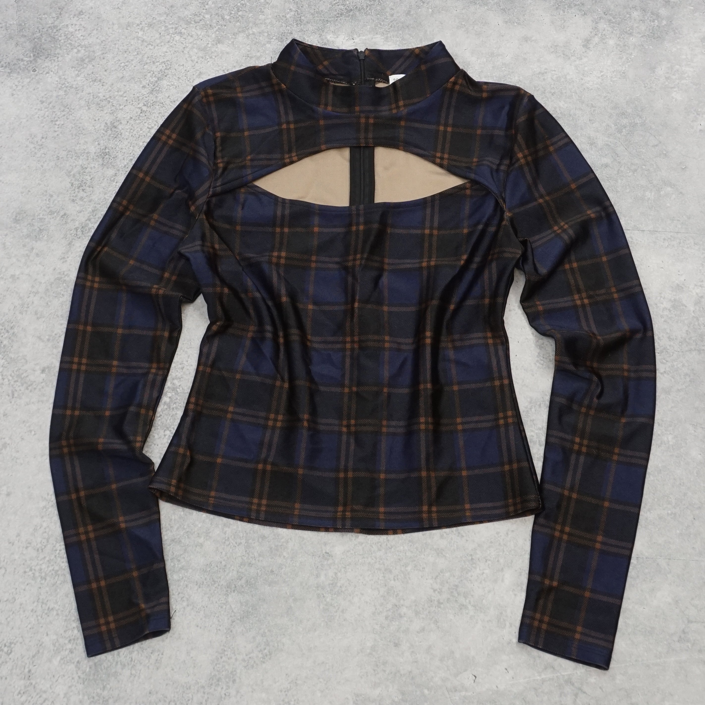 Good American Plaid Cutout Mock Neck Top