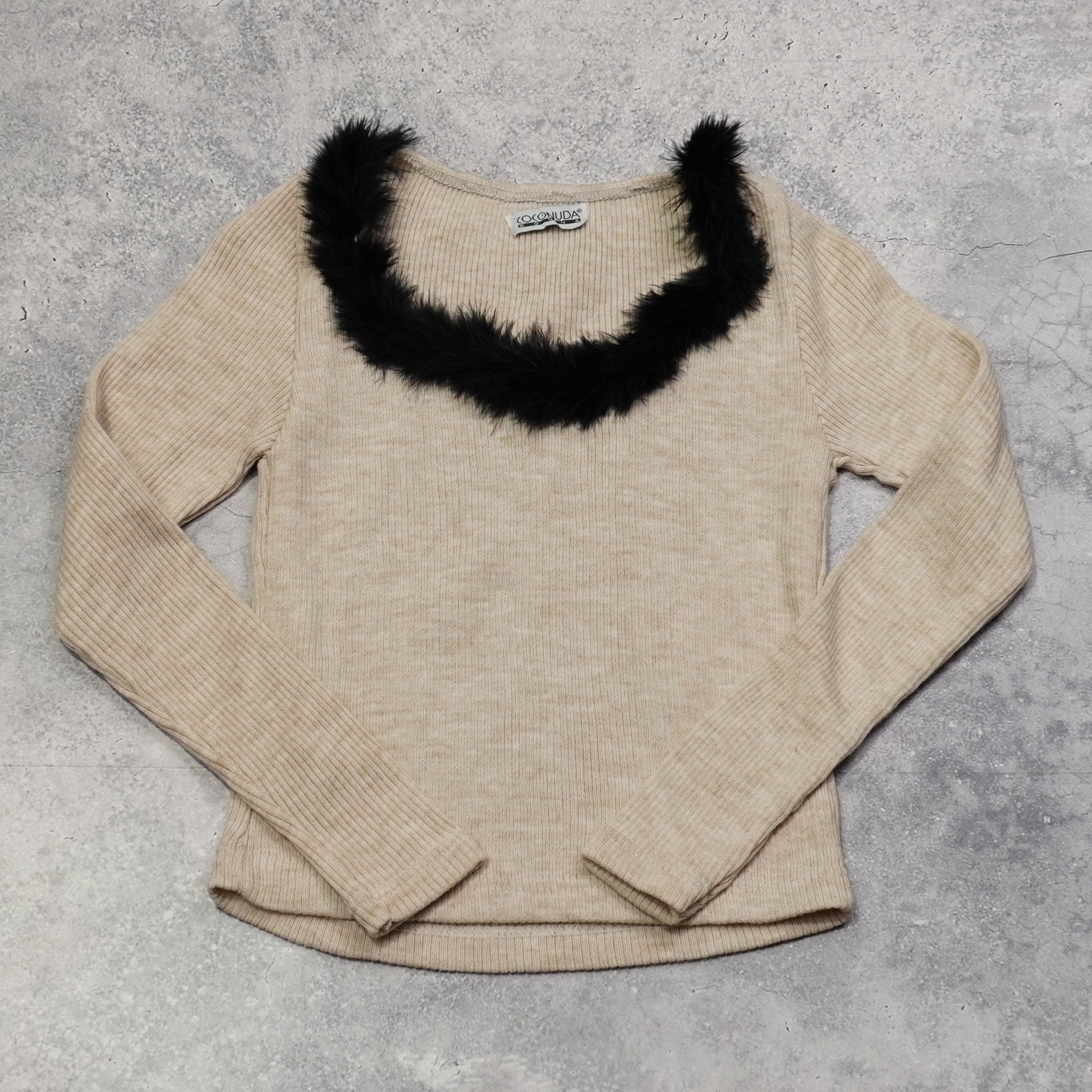2000s Conuda Ribbed Knit Fur Trim Top Long Sleeve