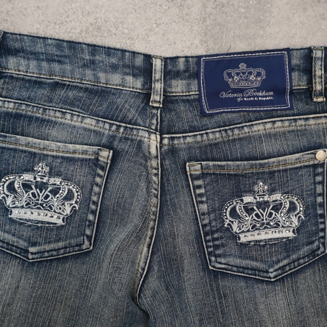 2000s Victoria Beckham For Rock & Republic Crown Embroidered Low Rise Jeans