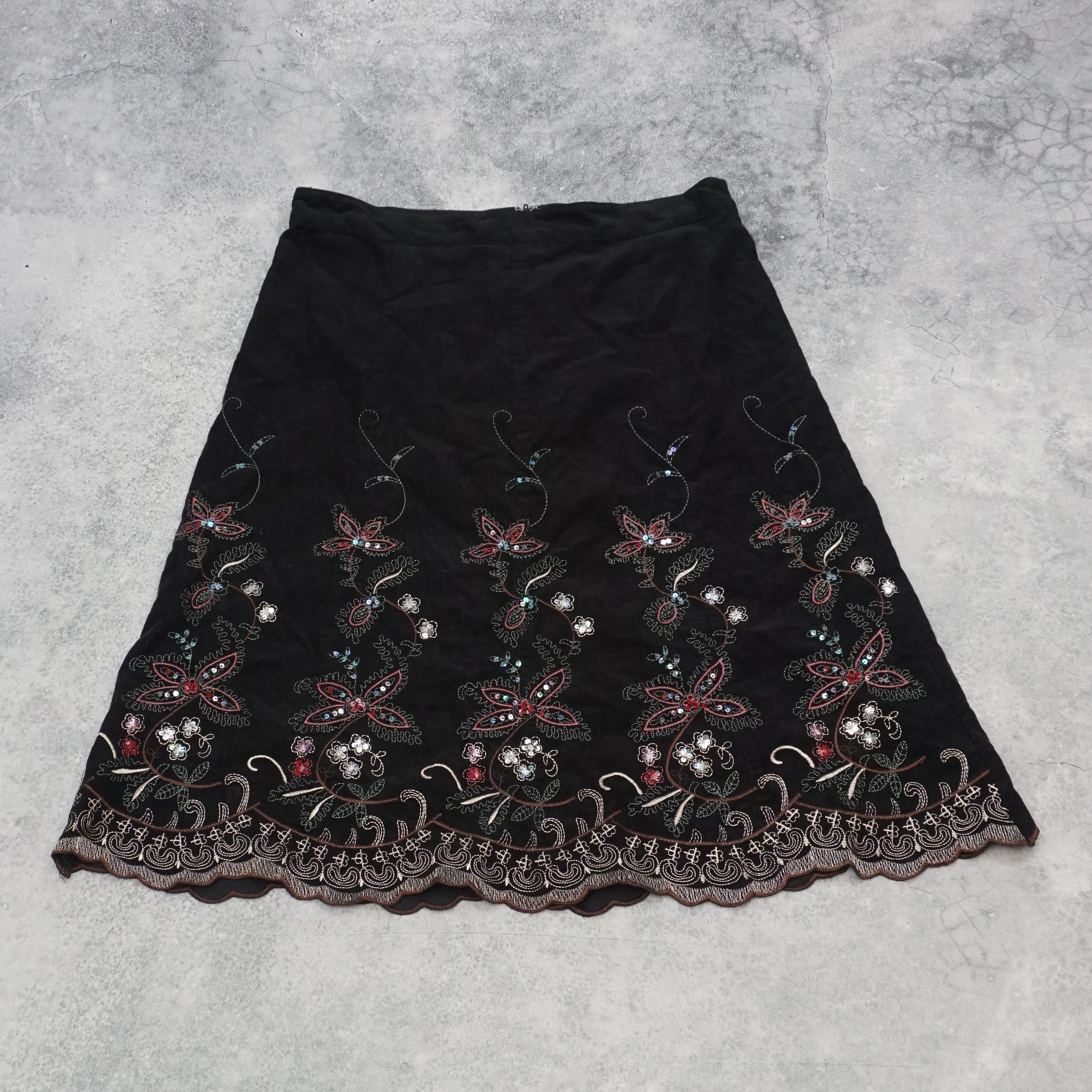2000s Armor Jeans Embroidered Sequin Floral Midi Skirt