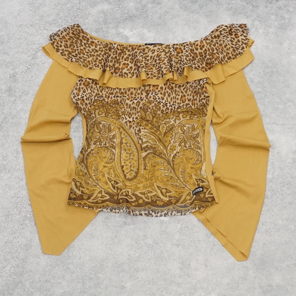 2000s Saes Ruffle Neck Paisley Leopard Top