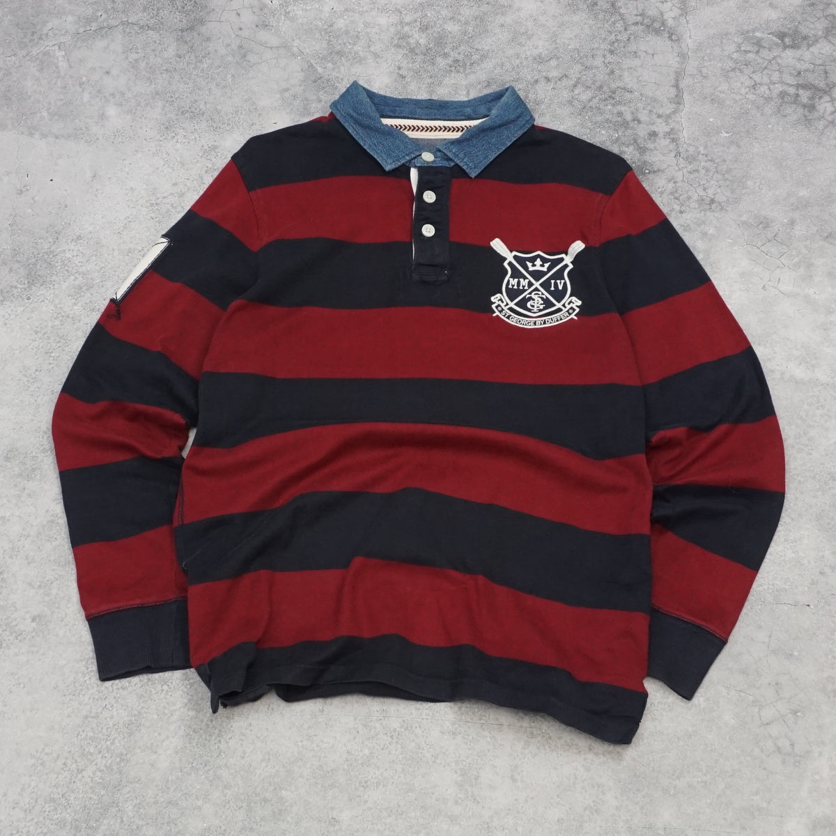 St George By Duffer Striped Denim Collar Polo Rugby Shirt