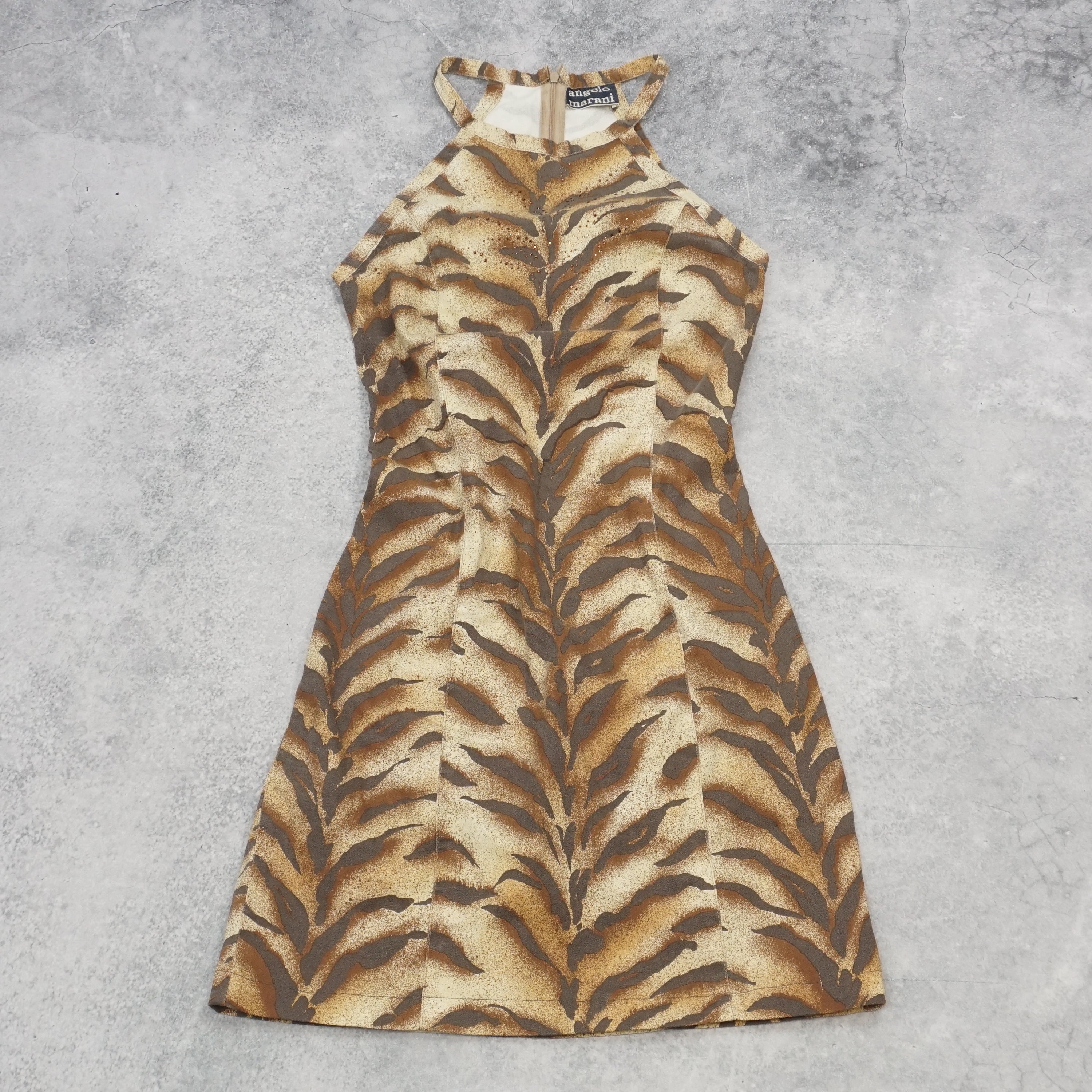 90s Angelo Marani Tiger Print Halterneck Dress