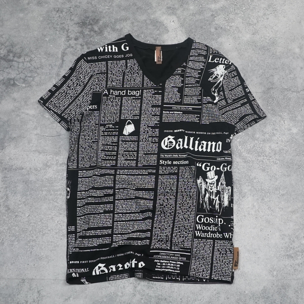 2000s John Galliano Gazette Newspaper Print V-Neck T-Shirt