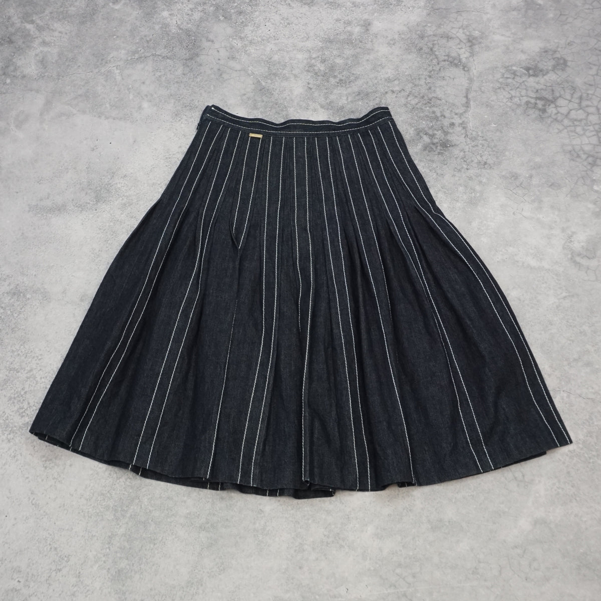 Blumarine Pleated Pinstripe Denim Midi Skirt