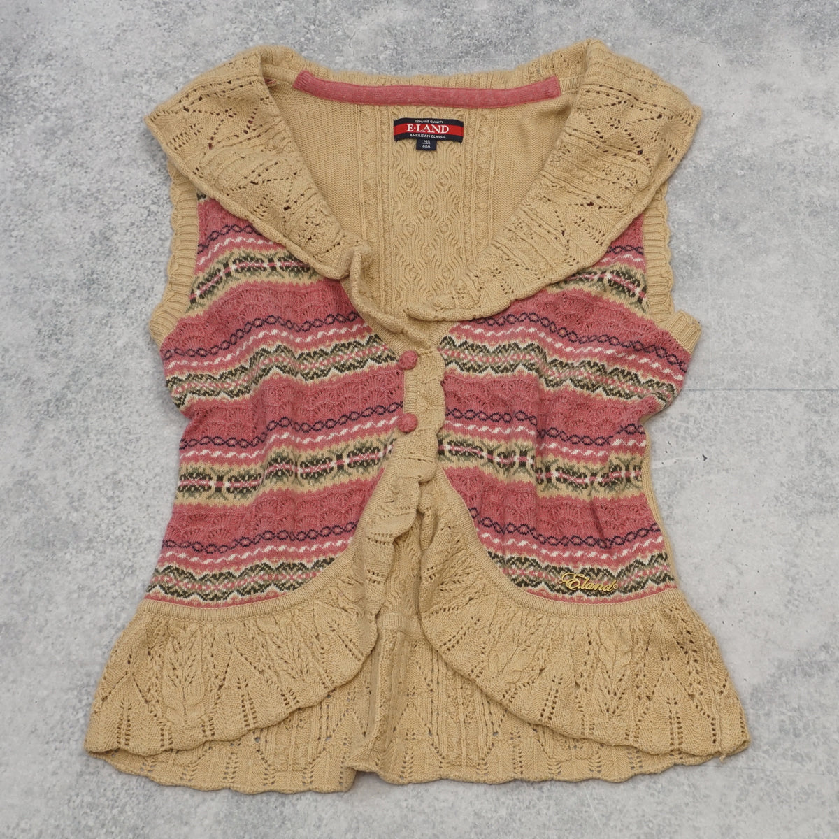 E-Land Fair Isle Crochet Ruffle Vest Knit
