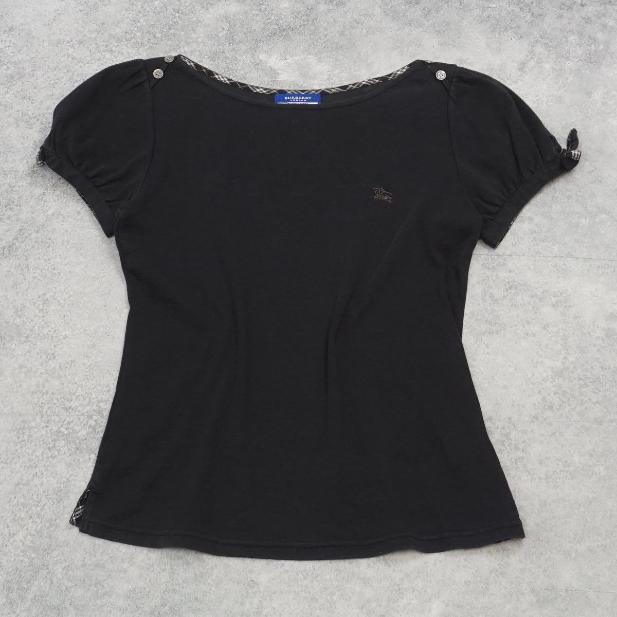 2000s Burberry London Blue Label Puff Sleeve Nova Check Trim Top T-Shirt