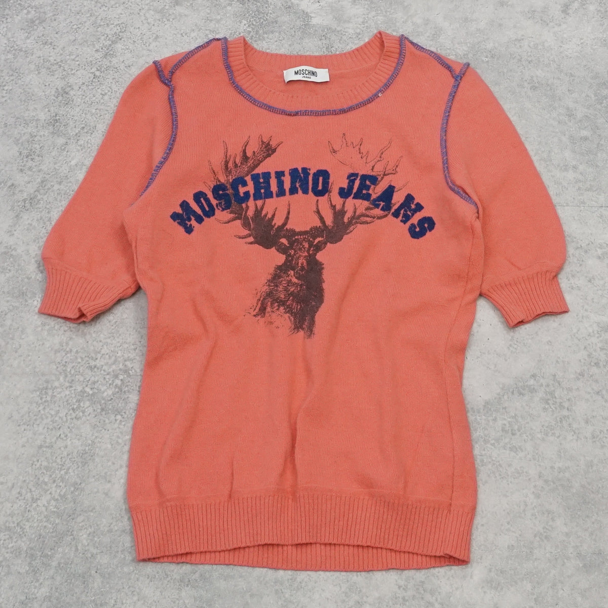 2000s Moschino Jeans Moose Graphic Contrast Stitch Knit Top