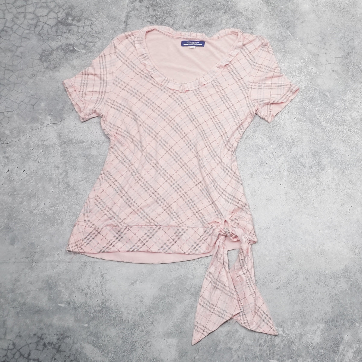 2000s Burberry Blue Label Plaid Frilly Side Tie T-Shirt Top