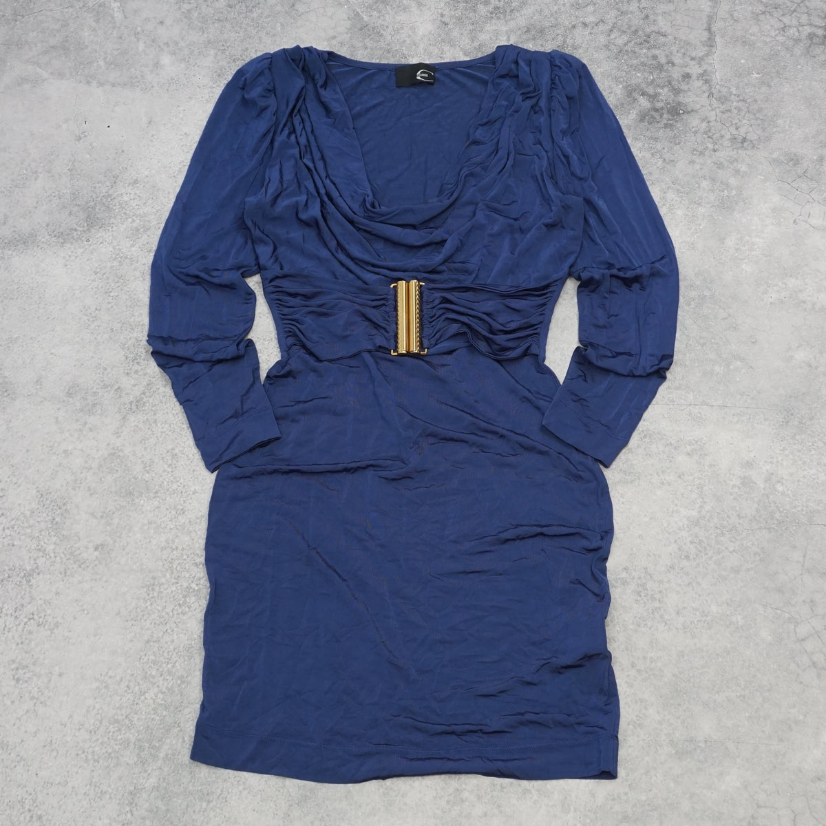 2000s Just Cavalli Draped Gold Hardware Dress