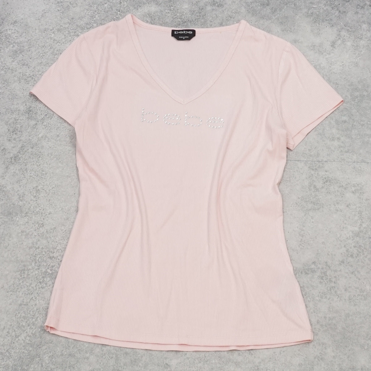2000s Bebe Rhinestone Ribbed V-Neck T-Shirt