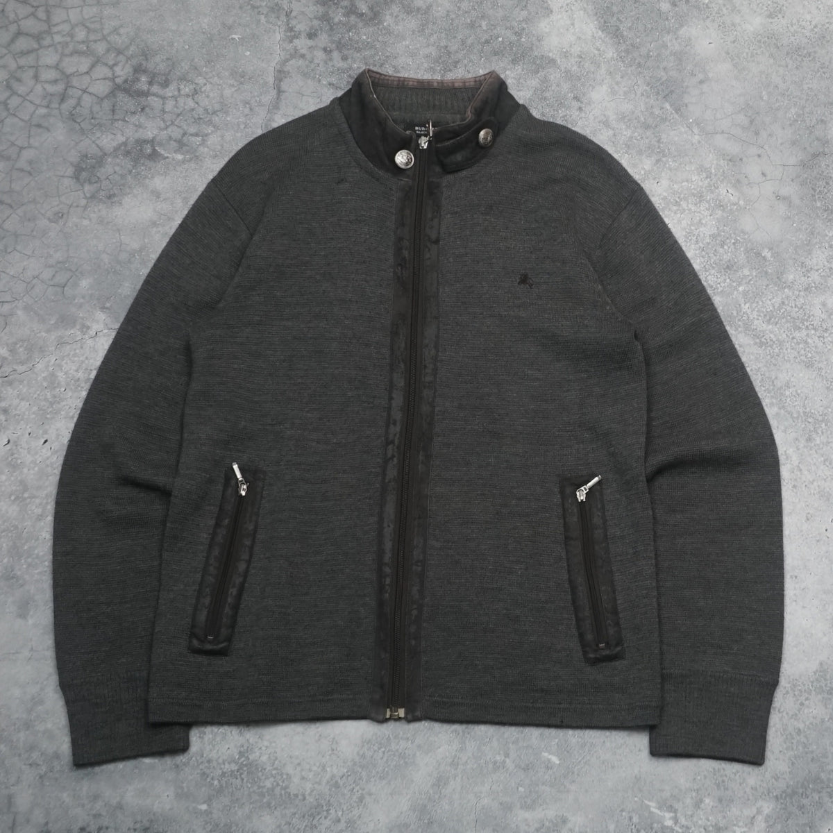 2000s Burberry Black Label Wool Leather Trim Zip Up Knit