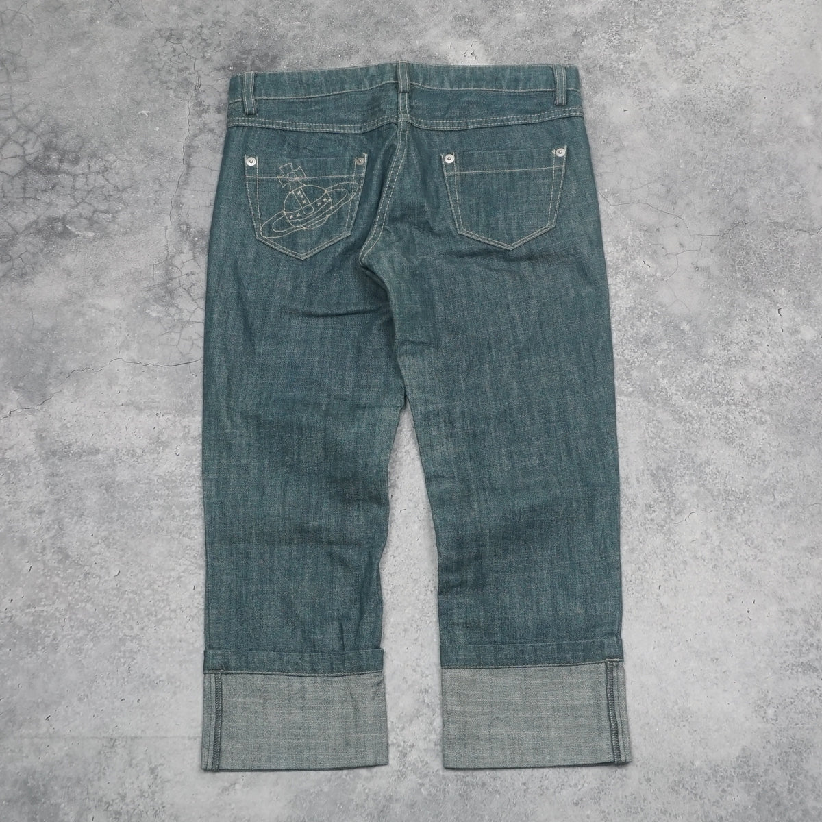 2000s Vivienne Westwood Red Label Orb Embroidered Cuffed Capri Jeans