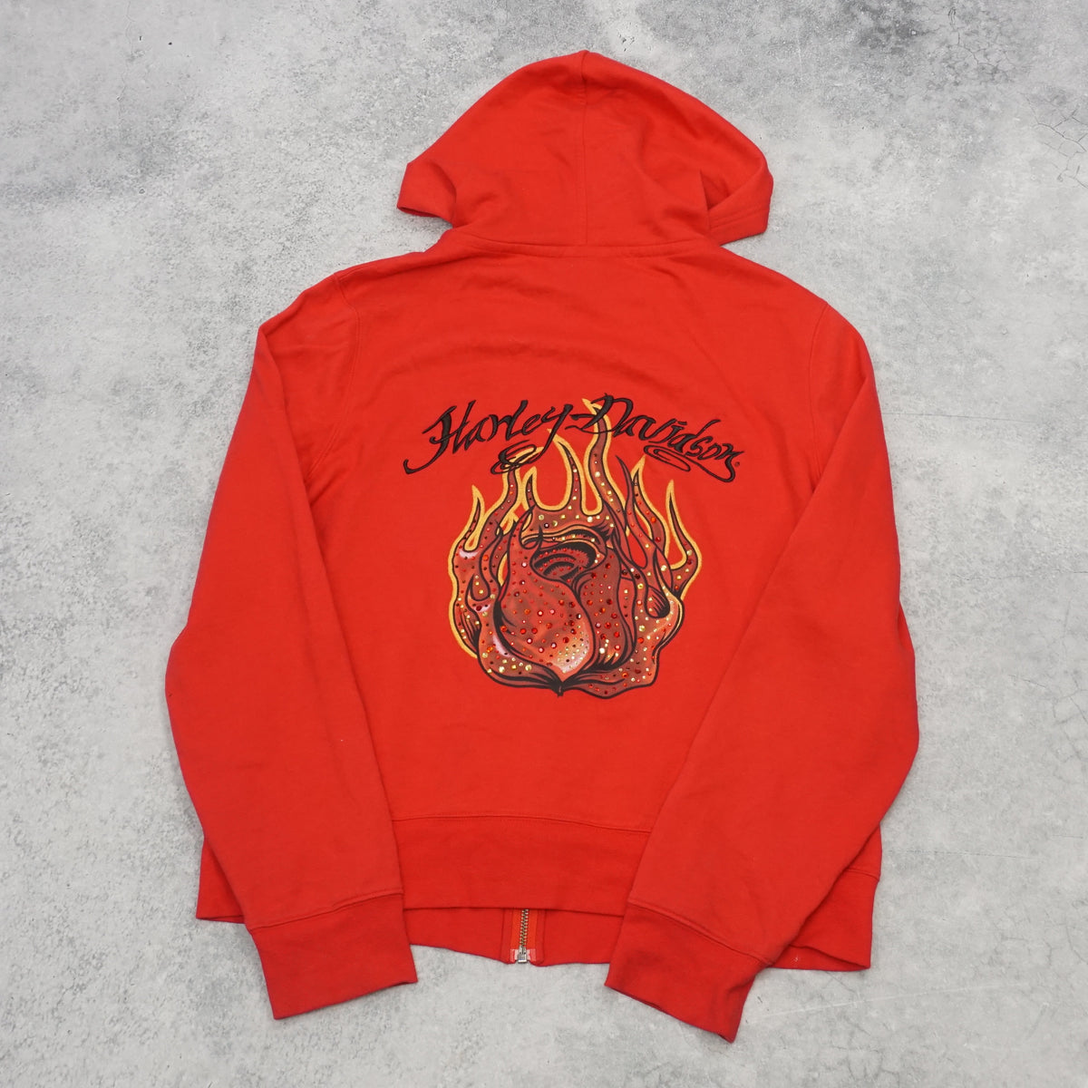 2000s Harley Davidson Rhinestone Rose Flame Graphic Hoodie