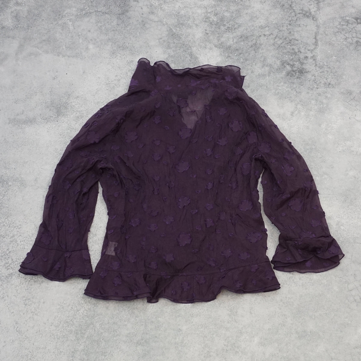 2000s Silk Caress Purple lace flower Top