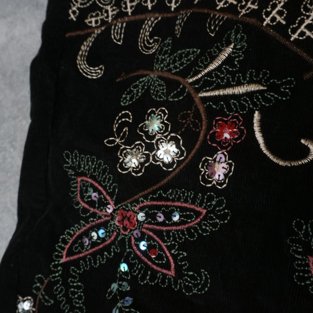 2000s Armor Jeans Embroidered Sequin Floral Midi Skirt
