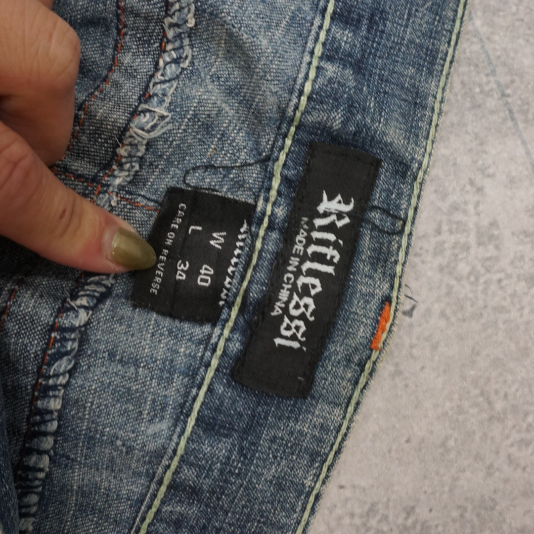 2000s Artless Cross Embroidered Distressed Jeans