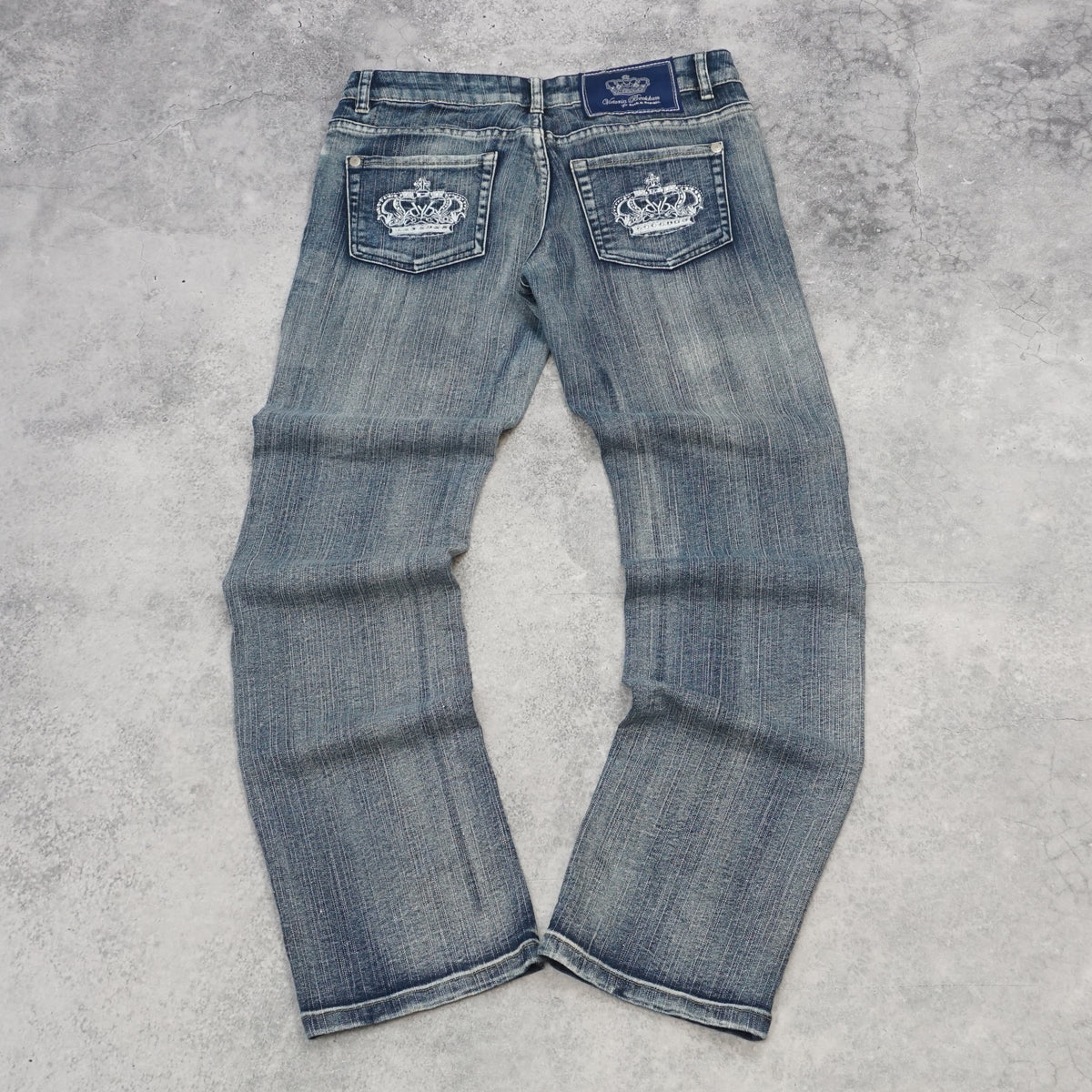 2000s Victoria Beckham For Rock & Republic Crown Embroidered Low Rise Jeans