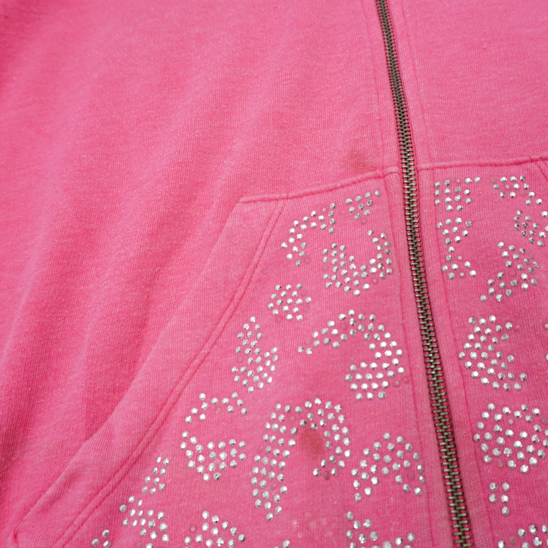 2000s Pink Victoria's Secret Rhinestone Leopard Print Hoodie Zip Up
