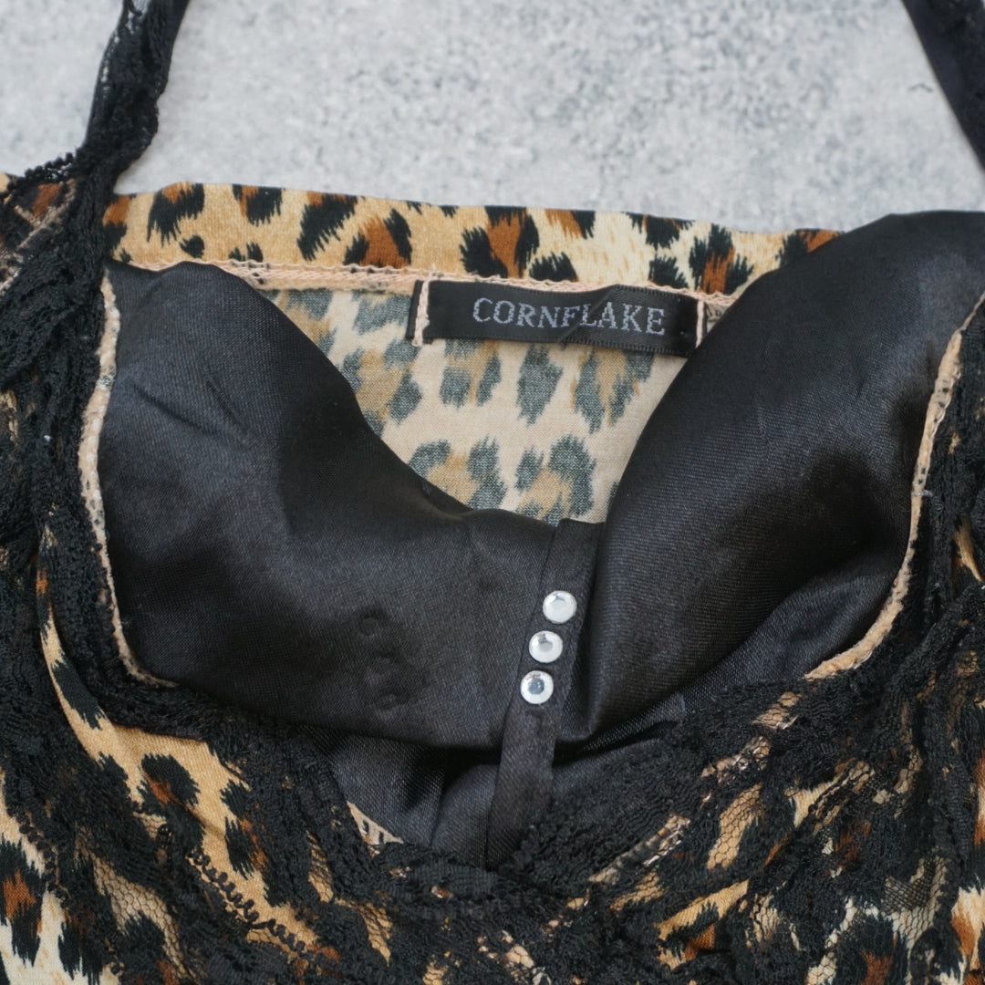 2000s Cornflake Leopard Print Lace Trim Cami Top
