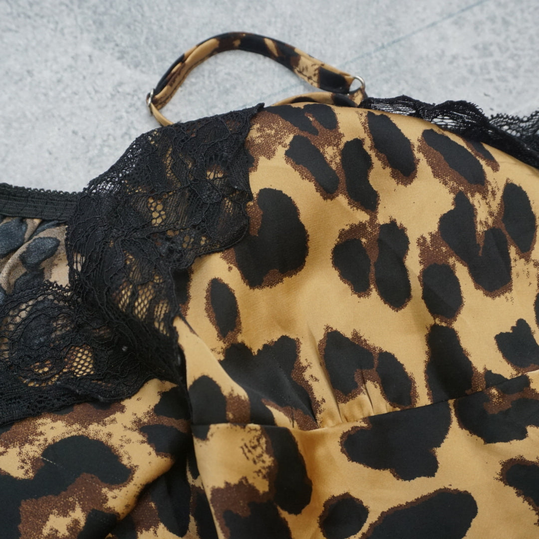 2000s Leopard Print Lace Trim Satin Cami Top