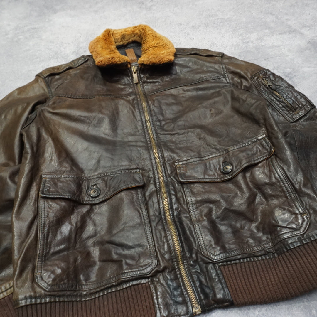 2000s Massimo Dutti Aviator Leather Jacket