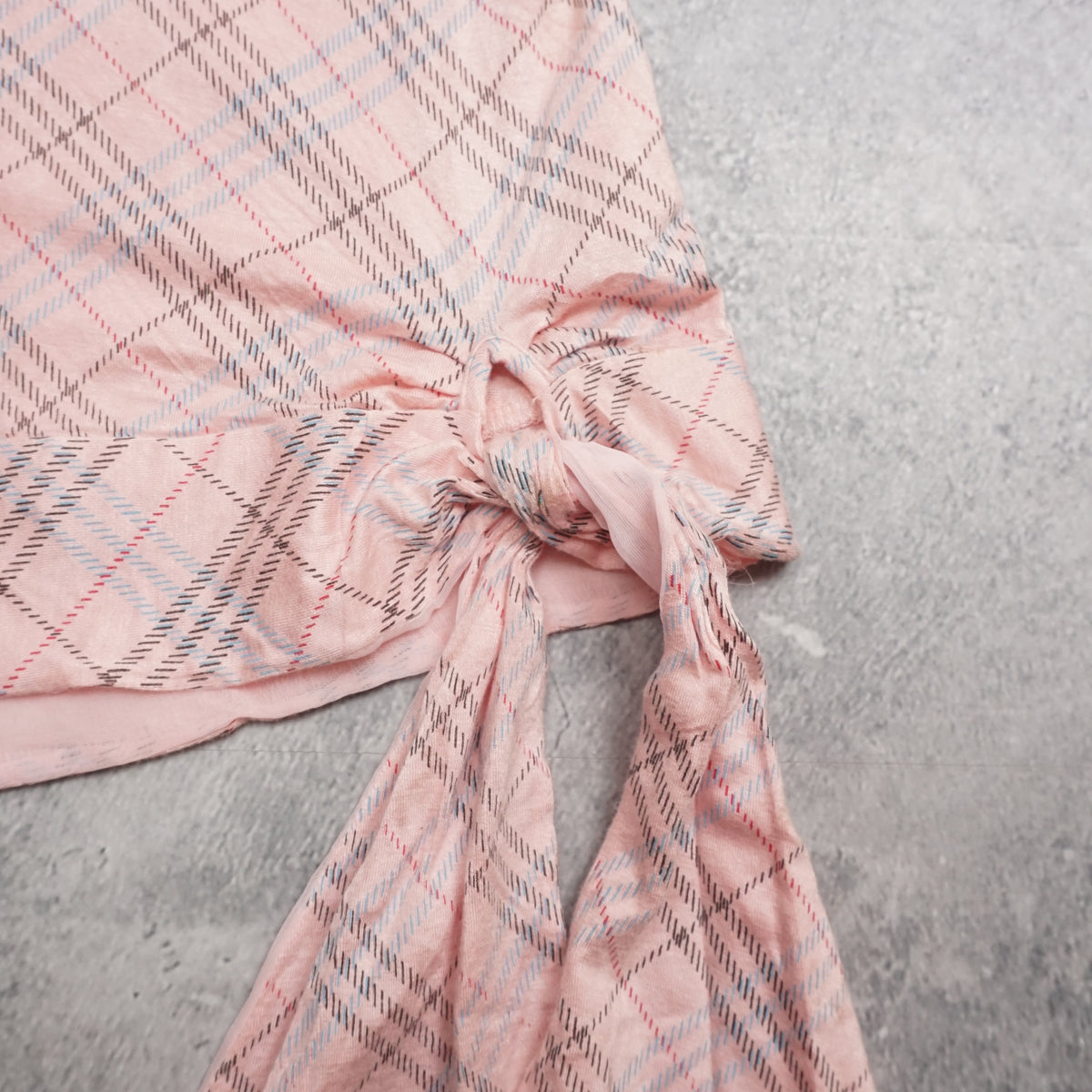 2000s Burberry Blue Label Plaid Frilly Side Tie T-Shirt Top