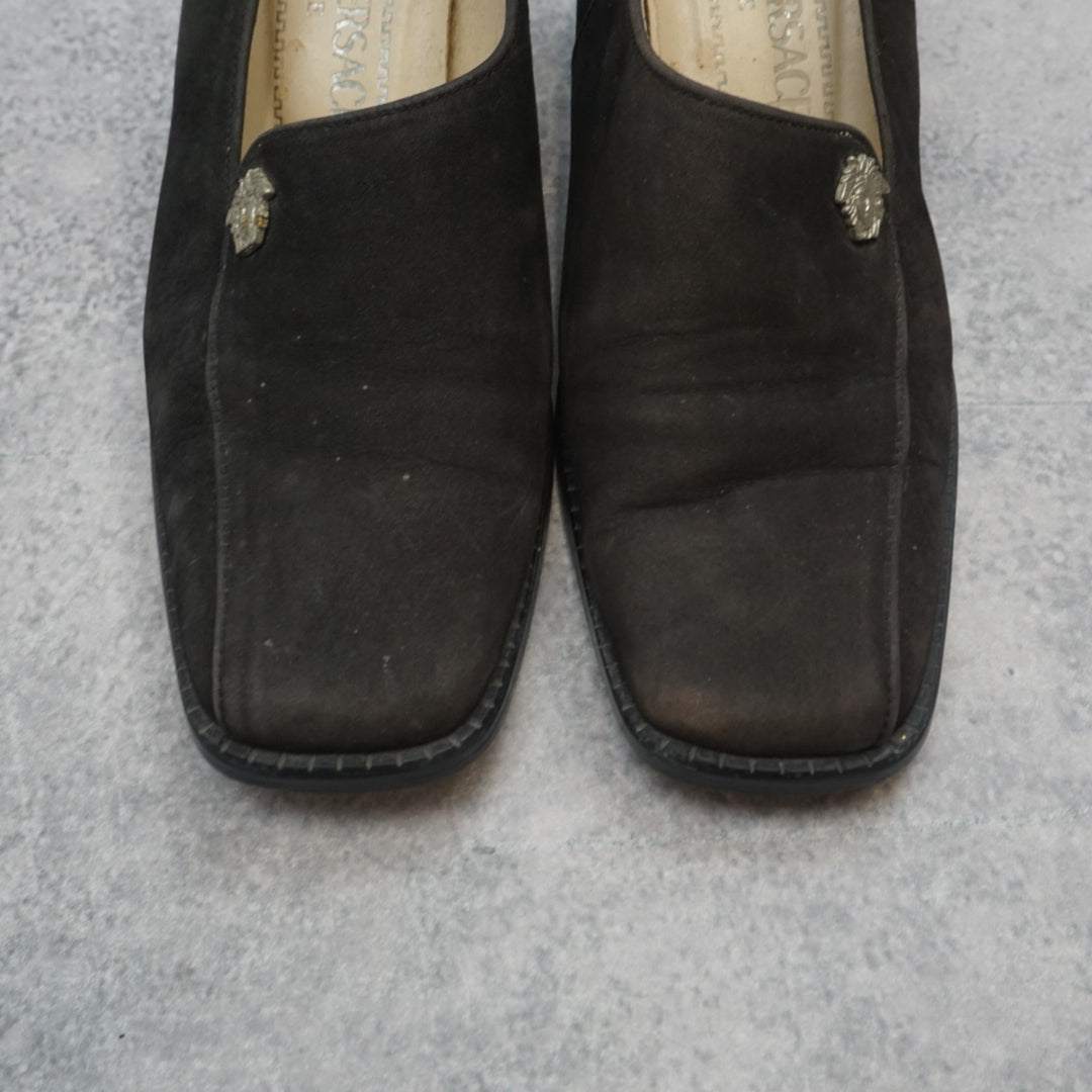 90s Gianni Versace Suede Medusa Heels
