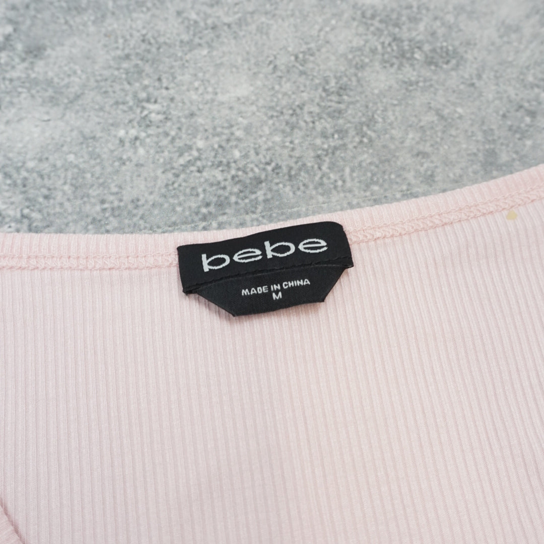 2000s Bebe Rhinestone Ribbed V-Neck T-Shirt