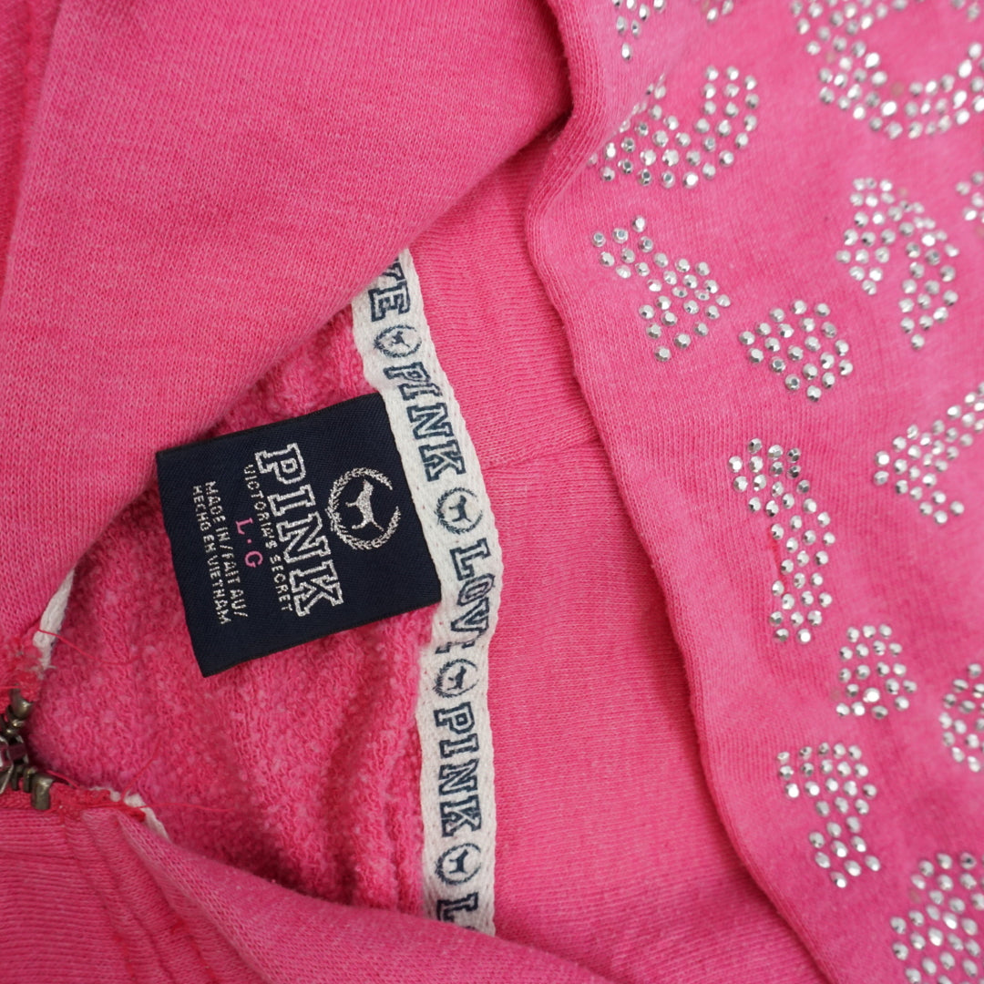 2000s Pink Victoria's Secret Rhinestone Leopard Print Hoodie Zip Up