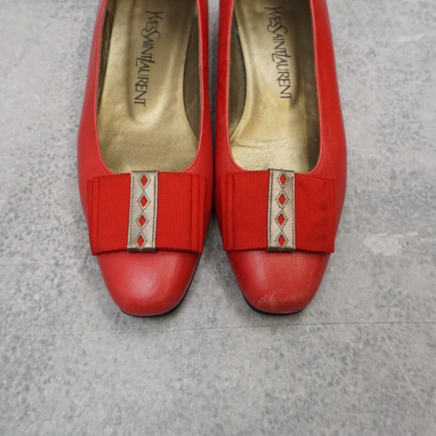 80s Yves Saint Laurent Leather Bow Low Block Heels