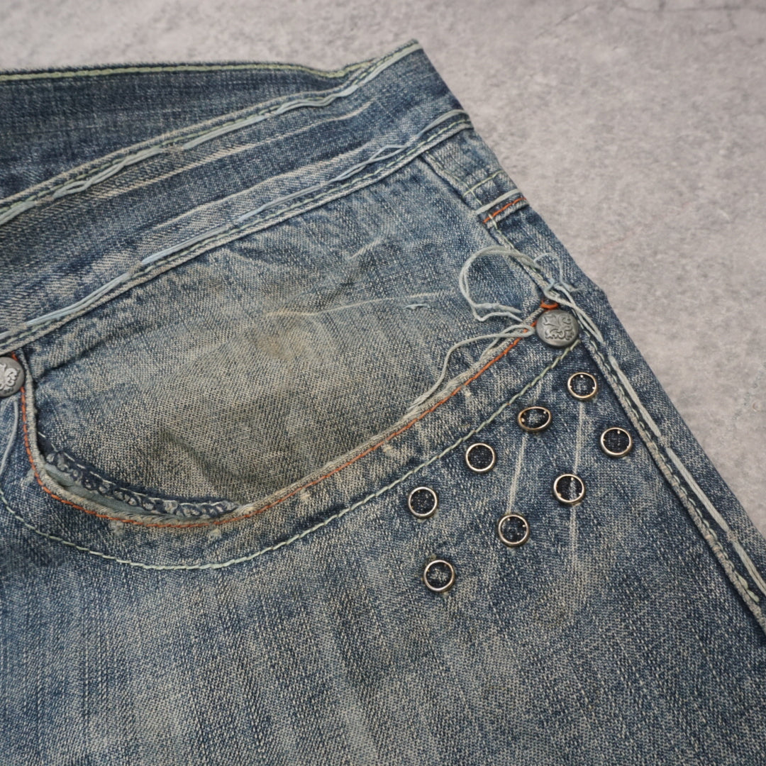 2000s Artless Cross Embroidered Distressed Jeans